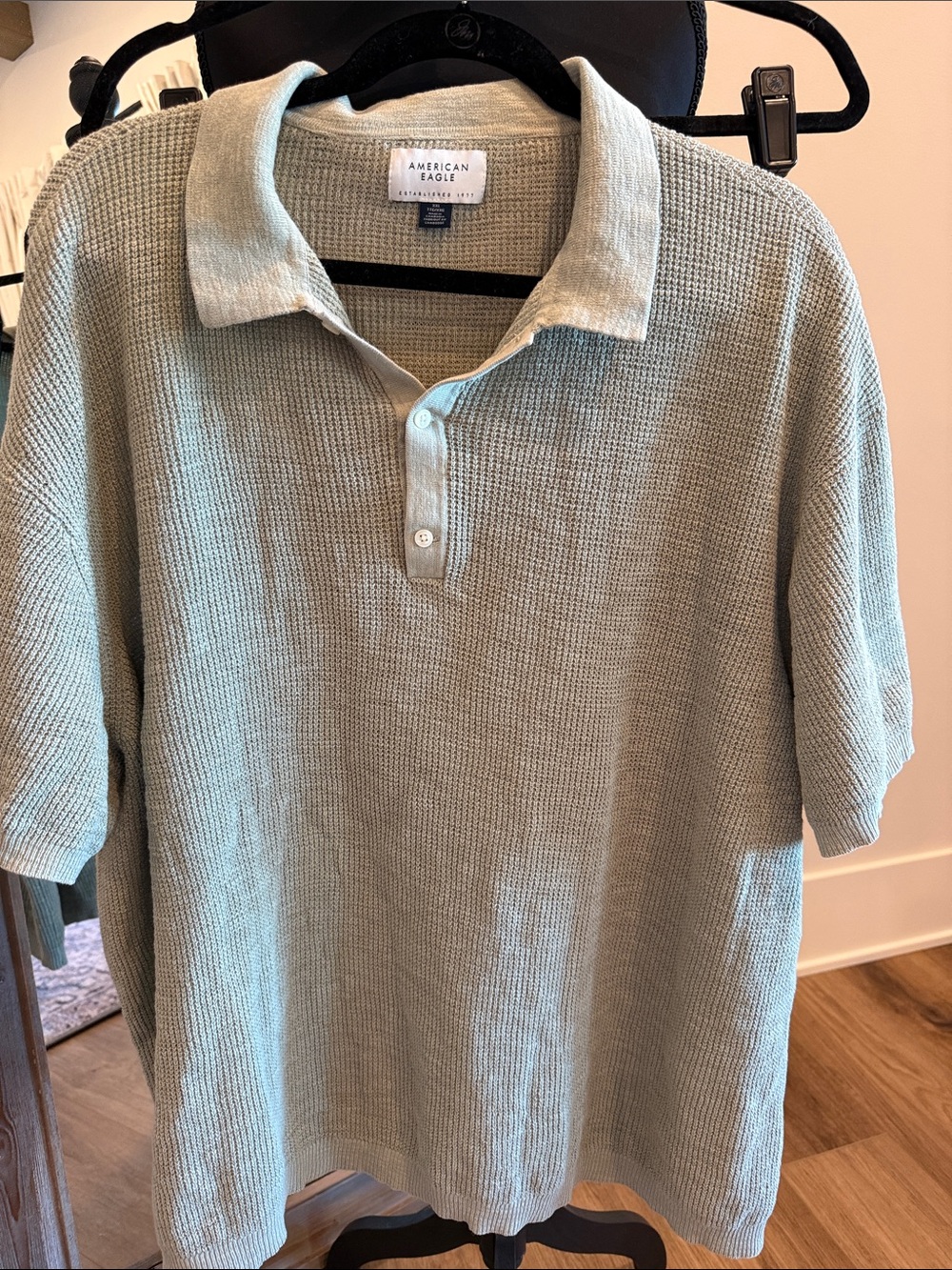 American Eagle Outfitters Men's Sage Green Waffle Knit Polo